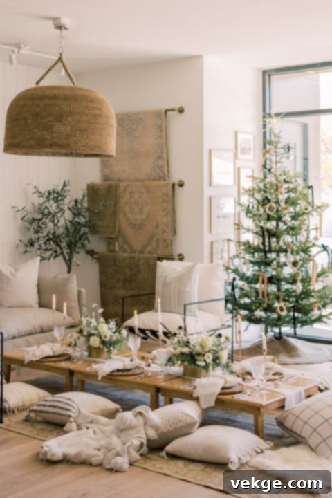 White dining room with natural wood vintage chairs and neutral elements, illustrating a white with neutrals Christmas decor