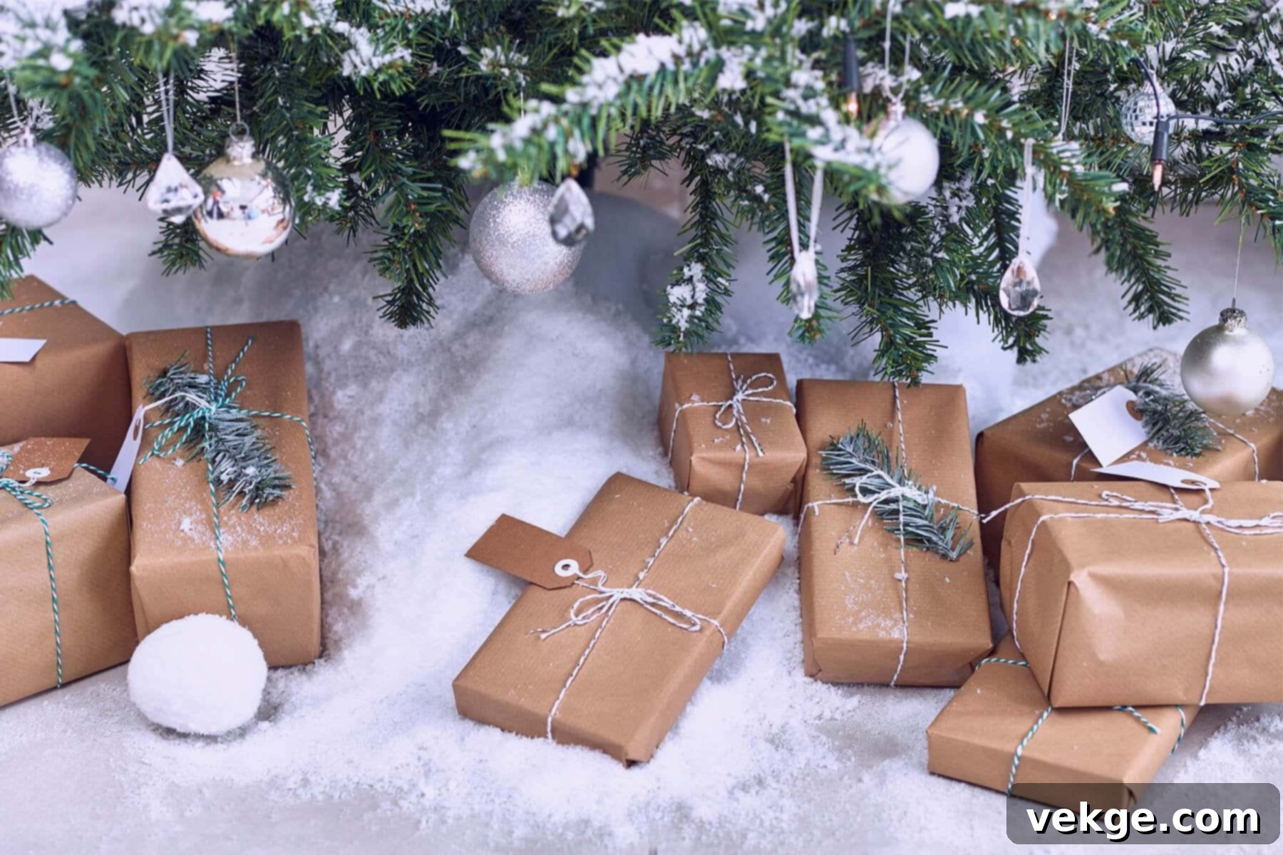 Brown gift boxes placed on a bed of artificial snow, creating a dreamy winter decor scene
