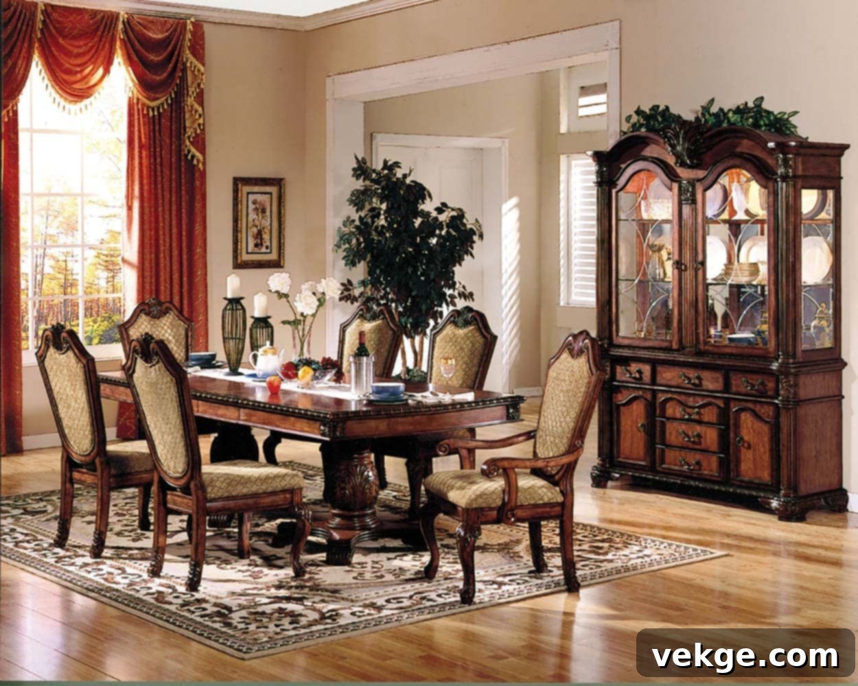 Elegant Rectangular Wood Dining Table with Double Pedestal and Extension Leaves