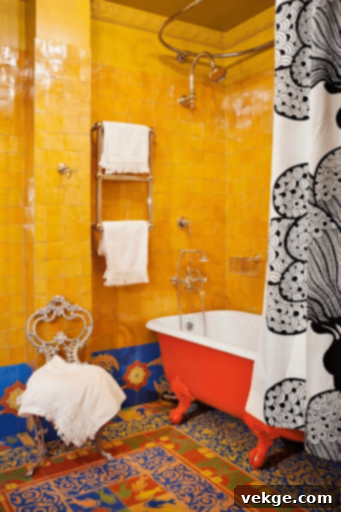 Bright and bold color bohemian bathroom decor with playful patterns