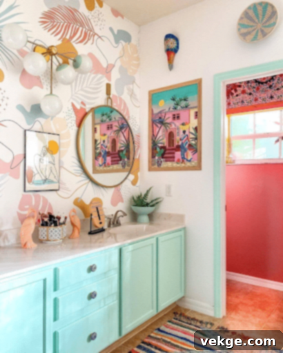 Dramatic bohemian bathroom with playful colors, patterns, and art