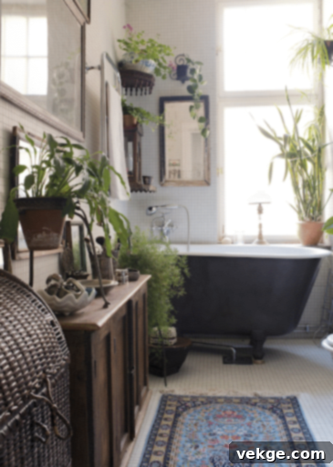 Bohemian bathroom design with antique bathtub and refreshing green plants