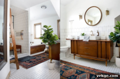 Modern vintage bohemian bathroom with minimalistic design and wood accents