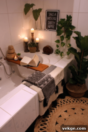 Romantic bohemian bathroom with candles, wicker decor, plants, and framed quotes