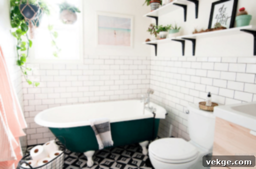 Green-White Theme bohemian bathroom with white brick, geometric tiles, and plants