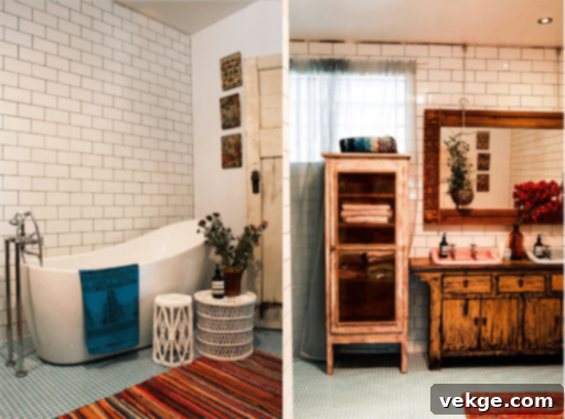 Layered bohemian bathroom decor with various patterns, textures, and plants