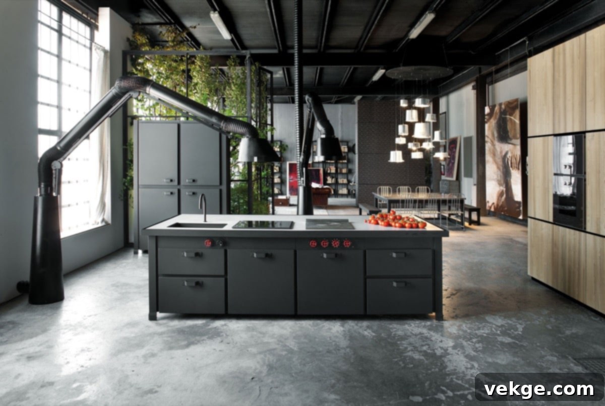 Industrial kitchen design featuring exposed brick, open shelving, and metal accents