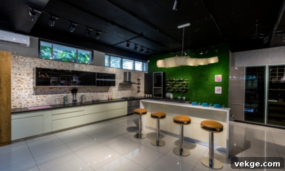 Turfgrass wall design in an industrial kitchen providing a fresh touch