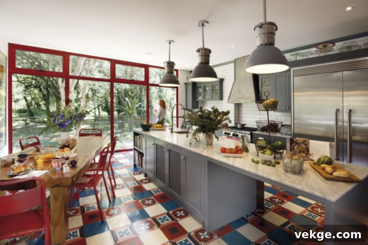 Patterned geometric floor tiles in an industrial kitchen