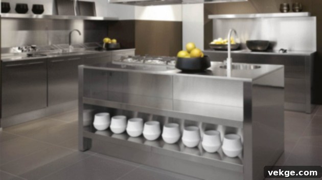 Industrial kitchen featuring stainless steel appliances and accents