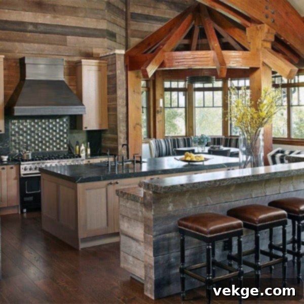Rustic industrial kitchen with leather bar stools and barn wood