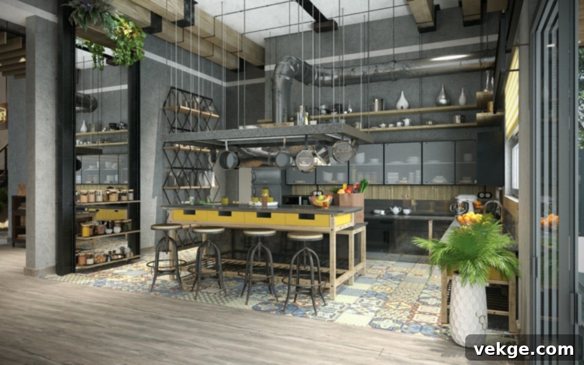 Industrial kitchen with indoor plants on open shelves, brightening the space