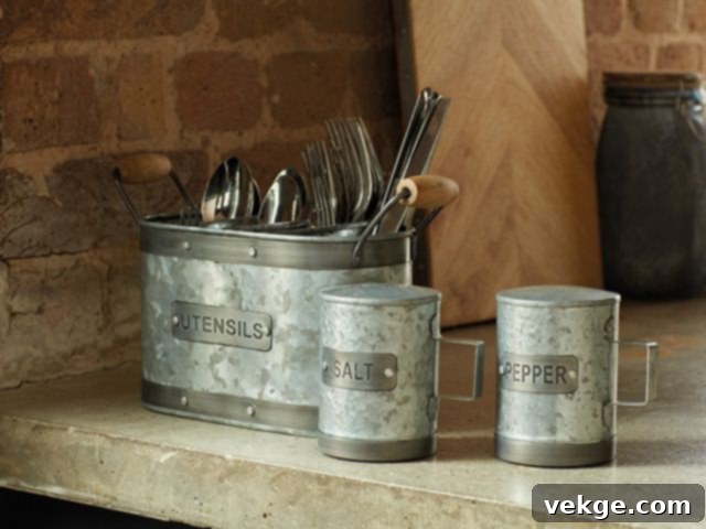 Metal utensil holder and other metal accents enhancing an industrial kitchen