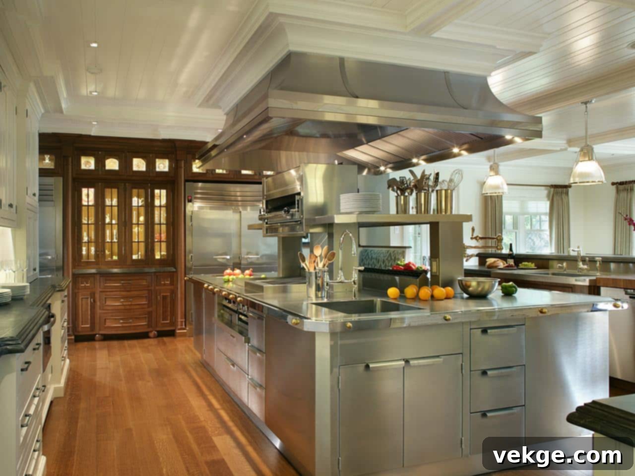 Industrial kitchen with steel cabinets under the island, adding unique charm
