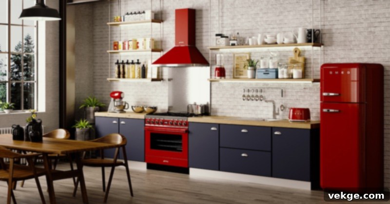 Industrial kitchen with a vibrant pop of color in decor, adding interest