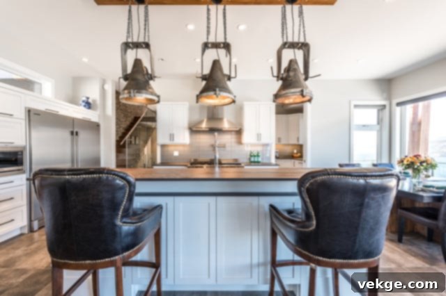 Old, salvaged industrial lighting fixtures above a kitchen island