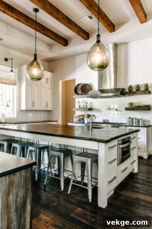 Exposed wooden beams in a high-ceiling industrial kitchen adding rustic charm