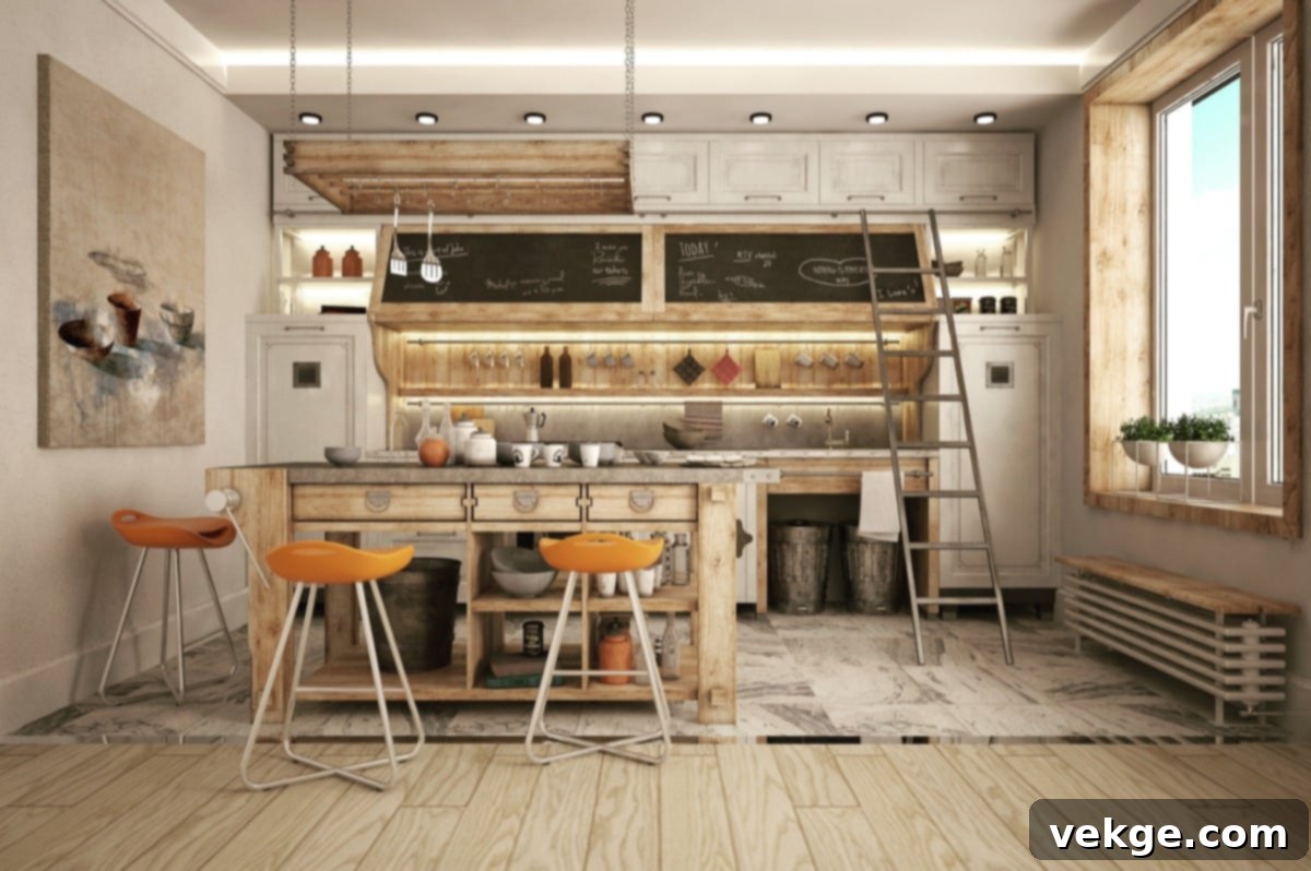 Industrial kitchen with a wooden rolling ladder accessing high cabinets