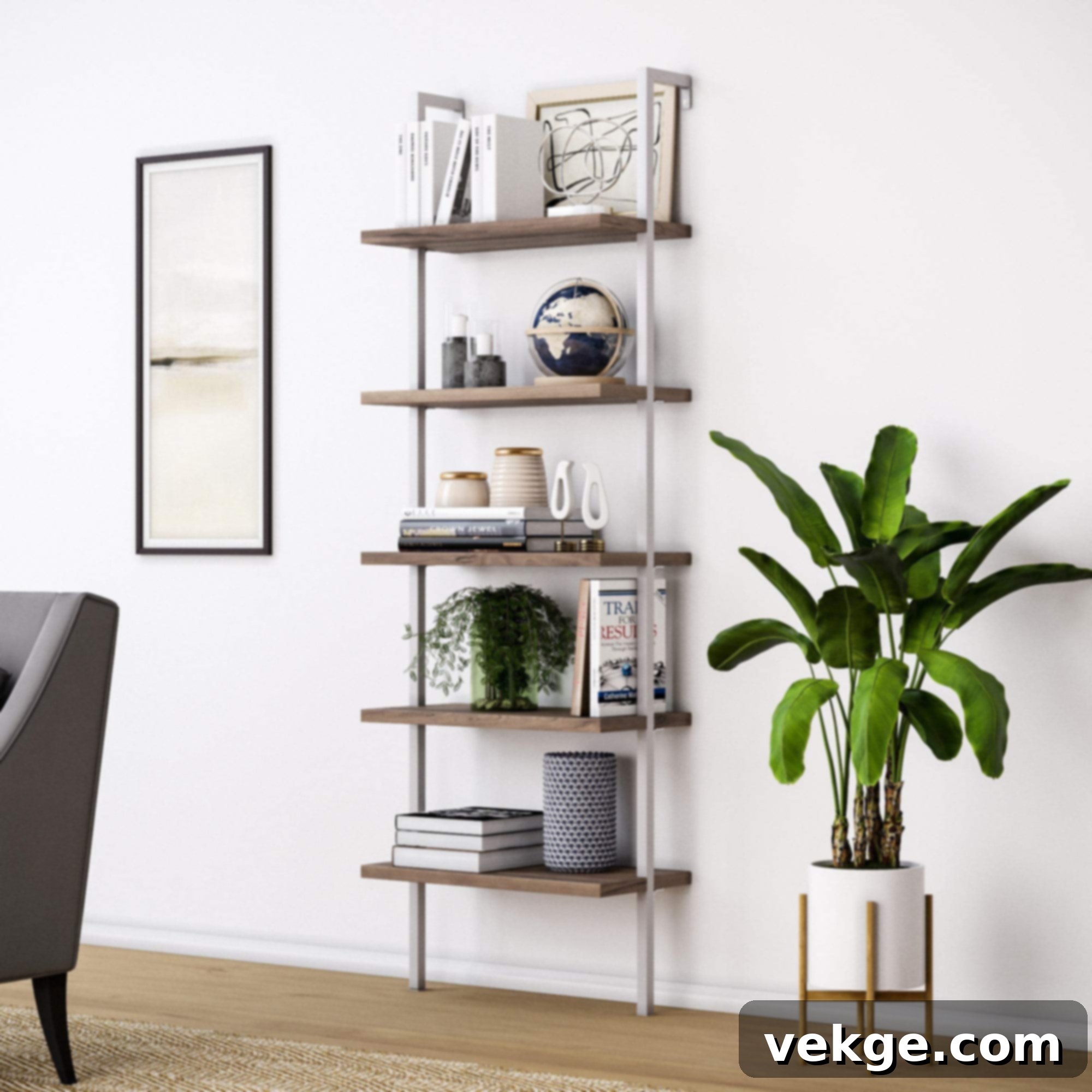 5-Shelf Wood Ladder Bookcase with Metal Frame