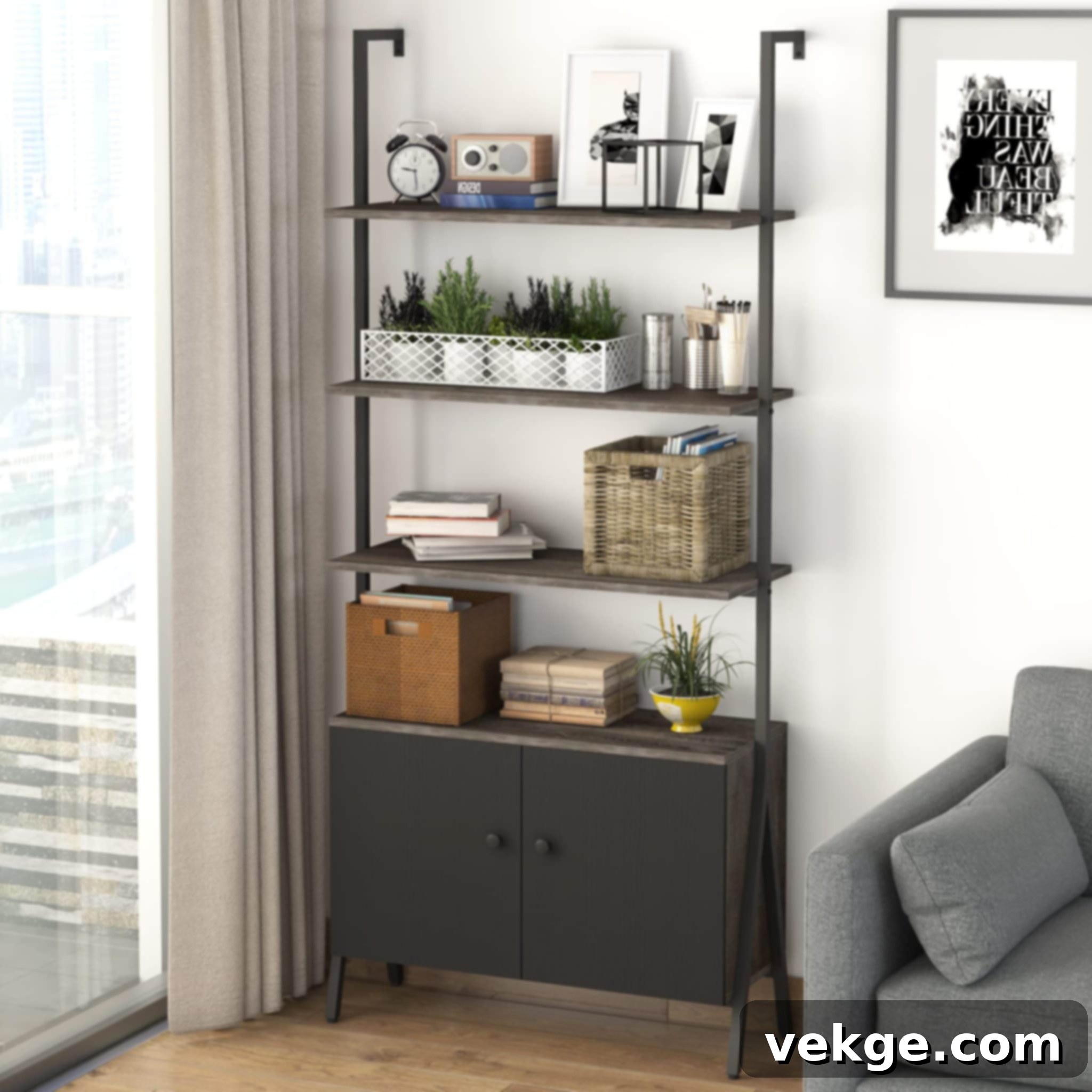 4-Tier Black Bookcase with Wide Storage Cabinet
