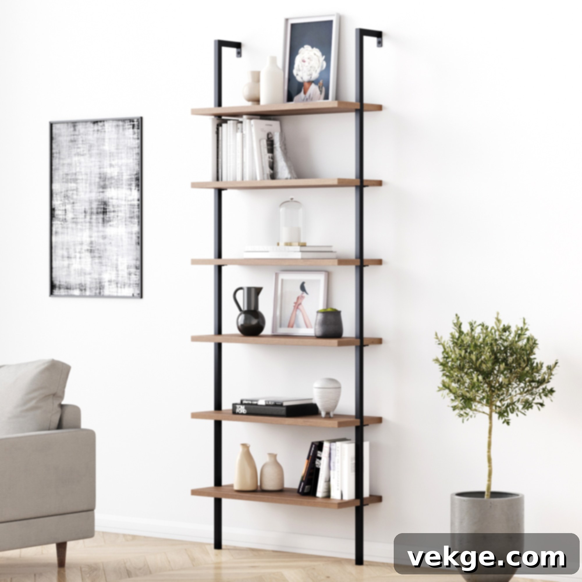 6-Shelf Tall Wall Mount Bookshelf 