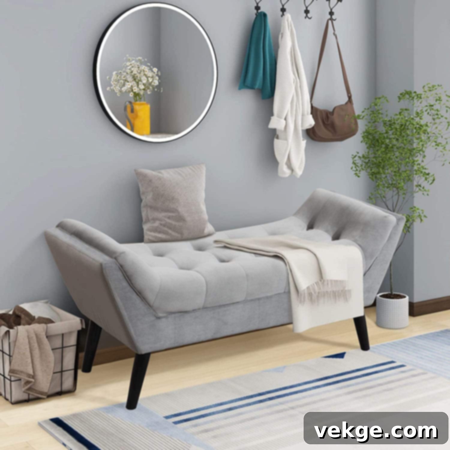 elegant upholstered bench in a bedroom with natural light