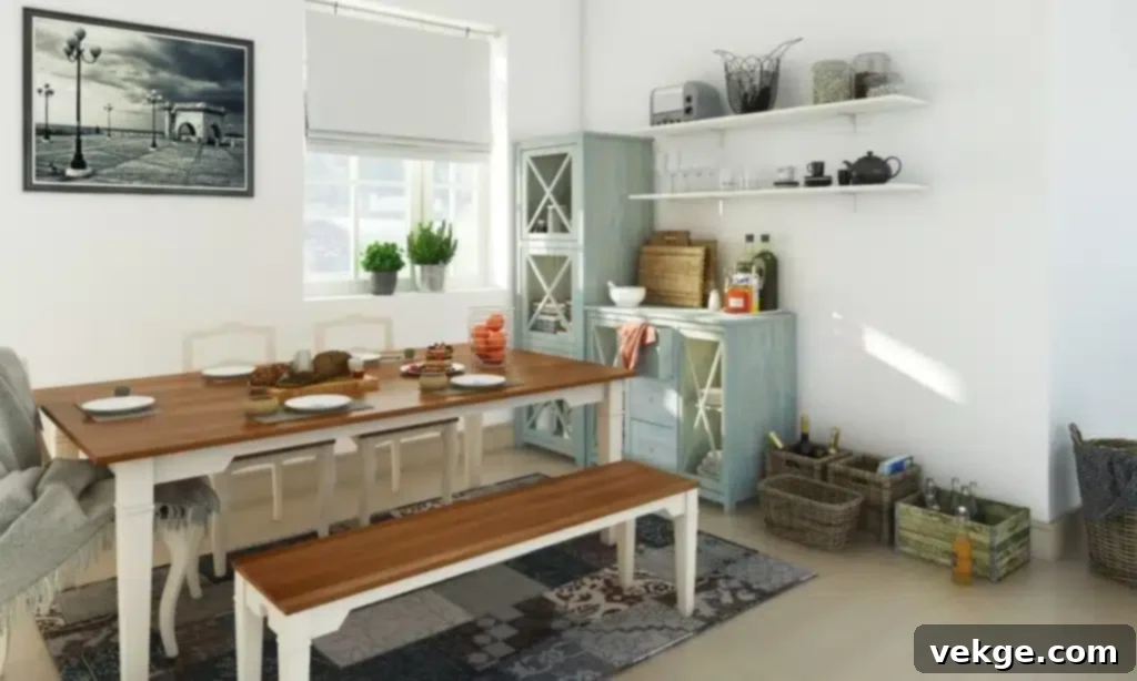 country-style dining room with a two-tone wooden bench