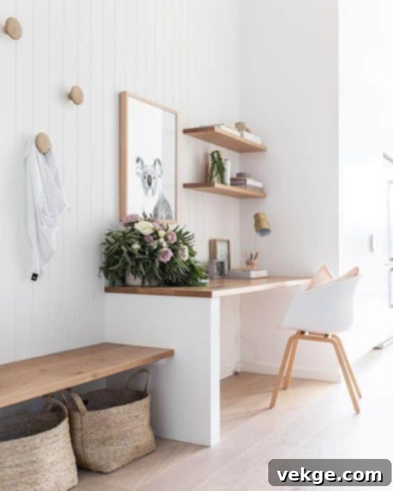 neutral home office with built-in desk, shelves, and a bench with storage baskets