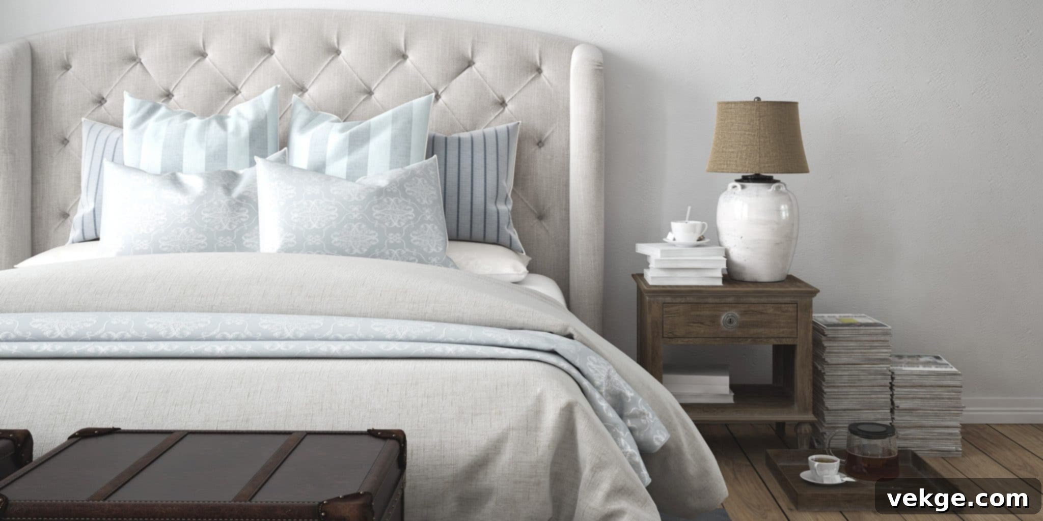A stylish, modern bedroom with a comfortable bed as its centerpiece, emphasizing restful design.