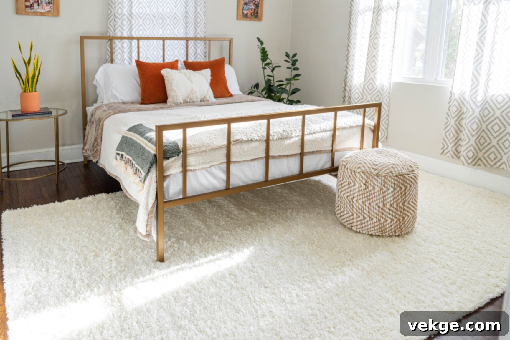 A large, plush rug adding warmth and defining the sleeping area in a stylish bedroom.