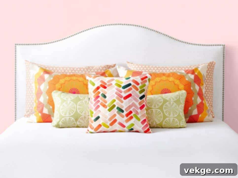 A beautifully arranged bed with a variety of accent pillows and throw pillow covers, showcasing texture and color.