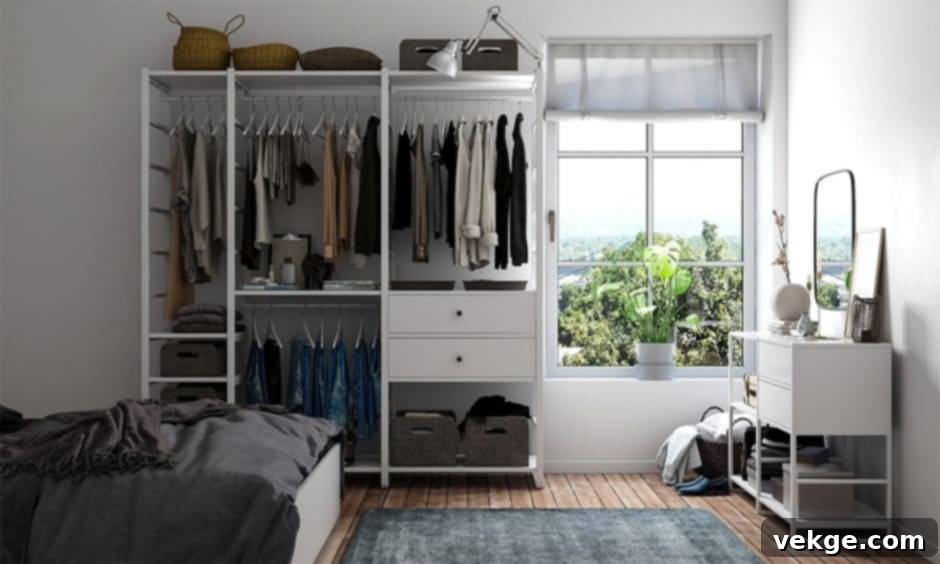 Smart storage solutions in a small bedroom, maximizing space with elegant furniture and shelving.