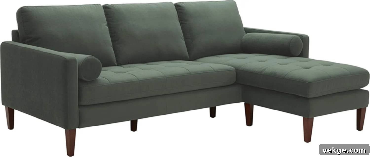 Rivet Mid-Century Modern Reversible Sectional Sofa in Green Velvet