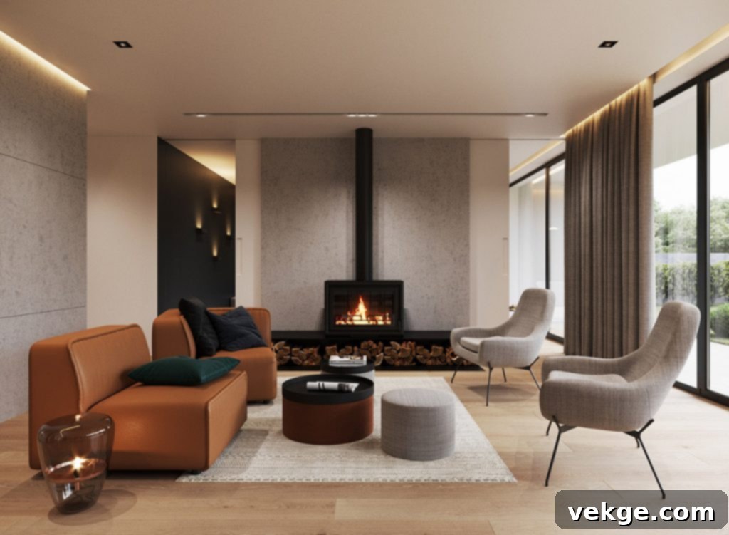 Gray Contemporary Living Room With Fireplace And Brown Leather Chairs