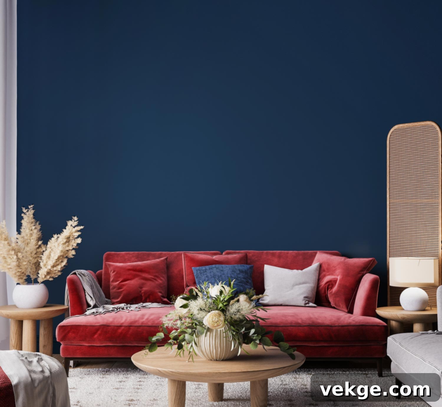 Living room interior mock-up with red sofa, wooden table and rattan home decoration in dark blue background, 3d render, 3d illustration