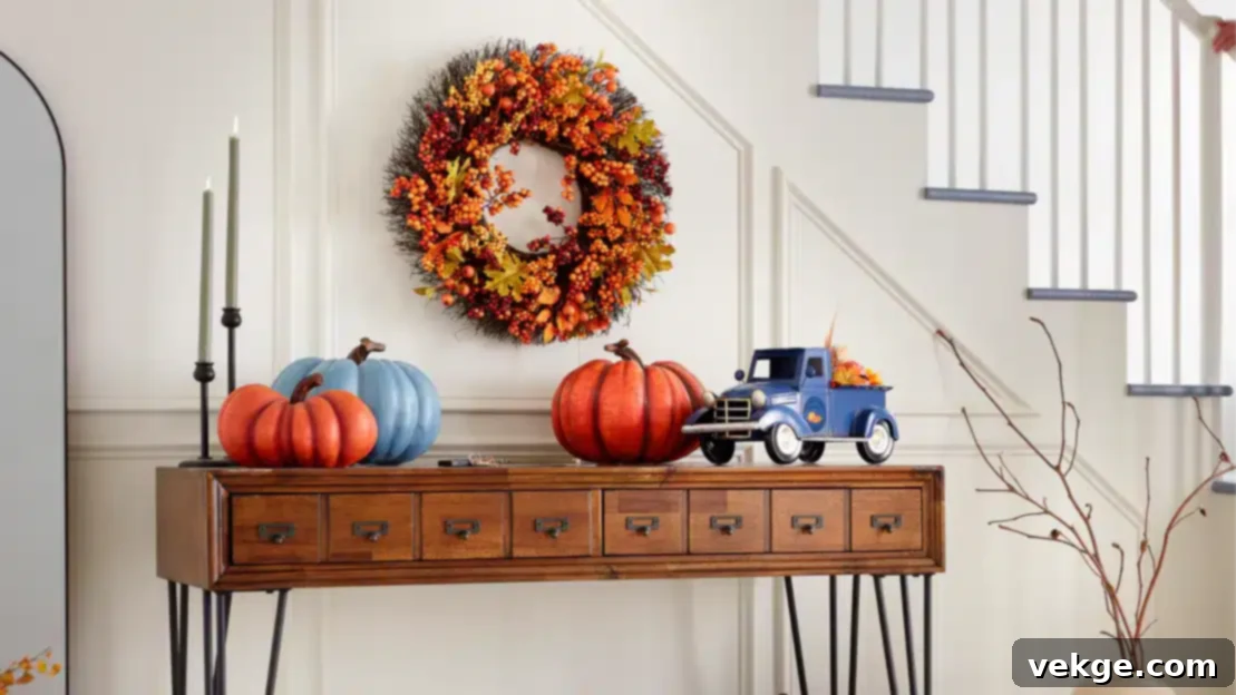 entry table with pumpkins and a fall wreath