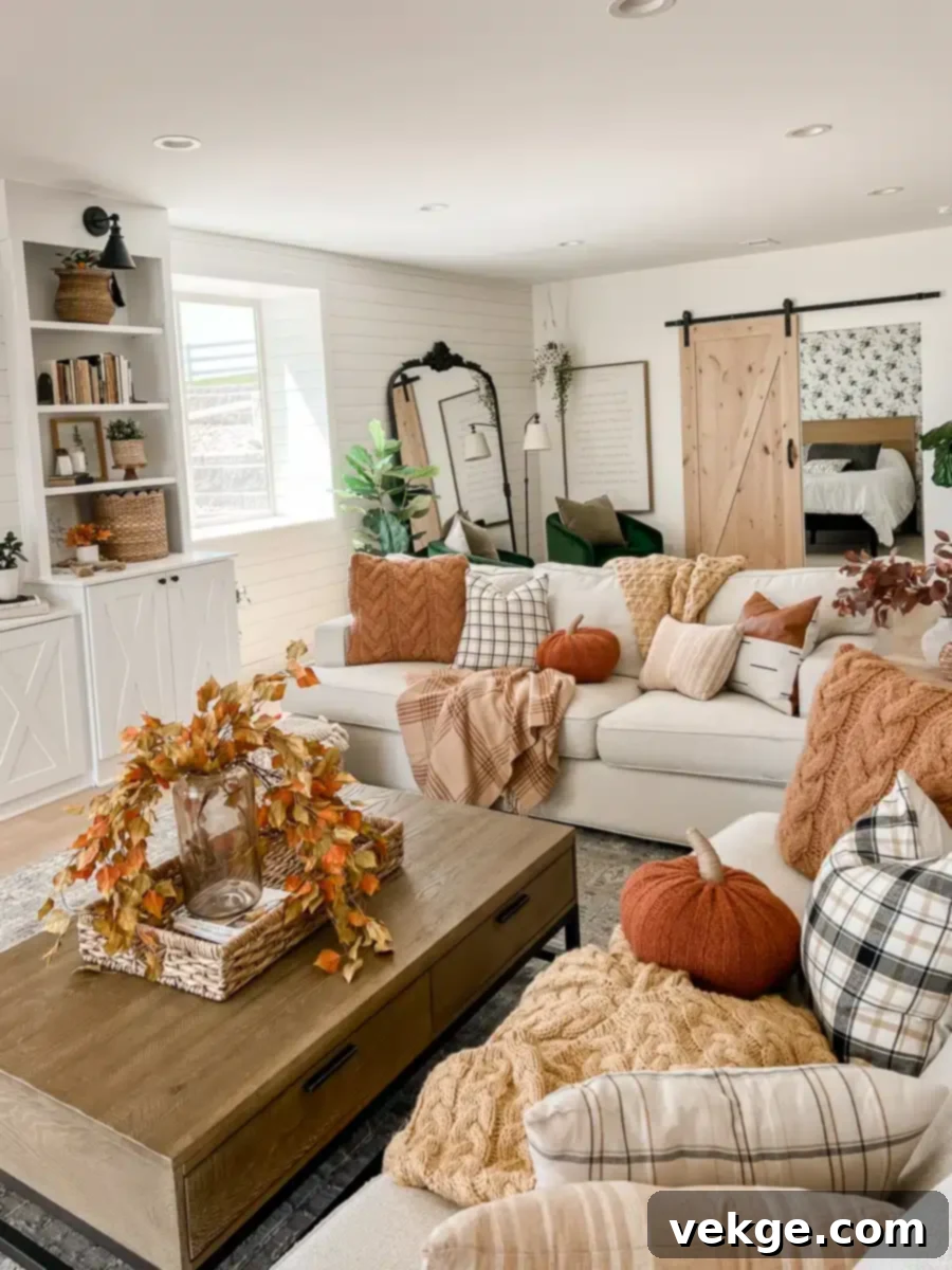 Living Room with Pumpkin pillows for fall