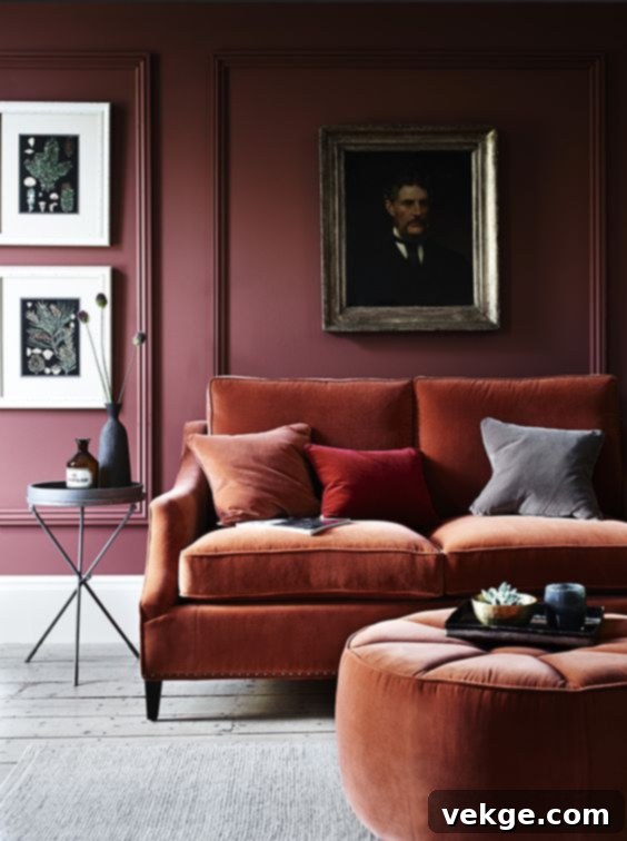modern rust sofa and a matching round ottoman is what you need for a strong fall feel