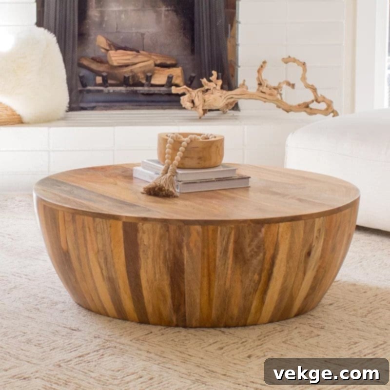 Solid Wood Drum Coffee Table with Tapered Base