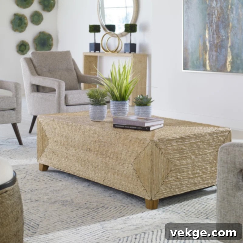 Block Coffee Table Wrapped in Natural Woven Banana Plant