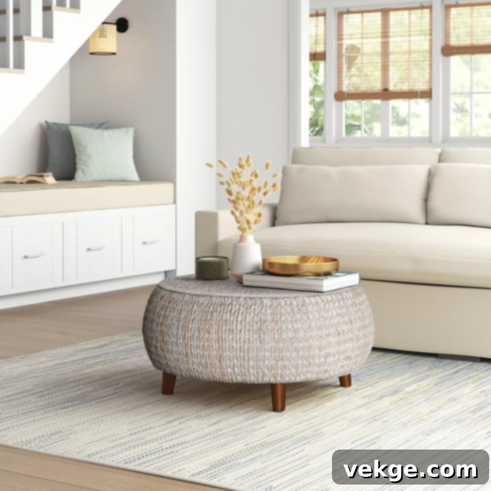 Rounded 4 Legs Coffee Table with Woven Banana Leaves