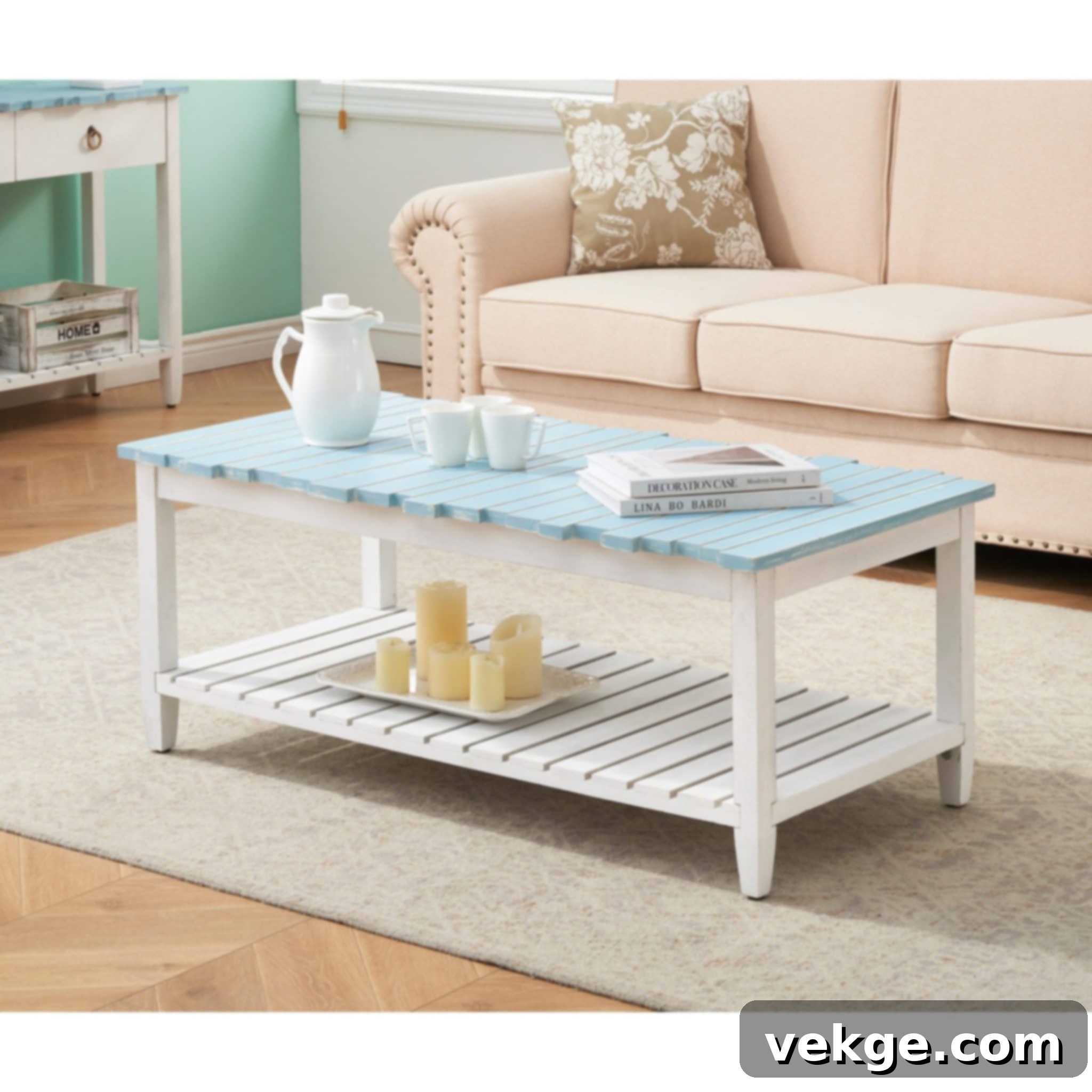 White and Teal Fir Wood Coffee Table