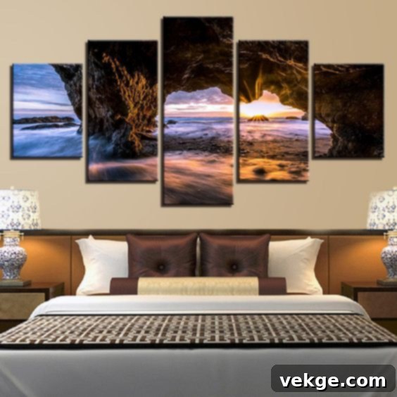 Bedroom featuring a large ocean wave picture above the bed, bringing a serene beach feel