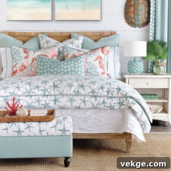 Coastal bedspread with marine life prints, adding easy nautical decor to a bedroom