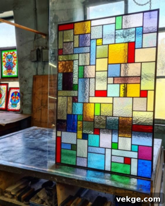 Stained glass art panel depicting ocean themes, creating a colorful light effect