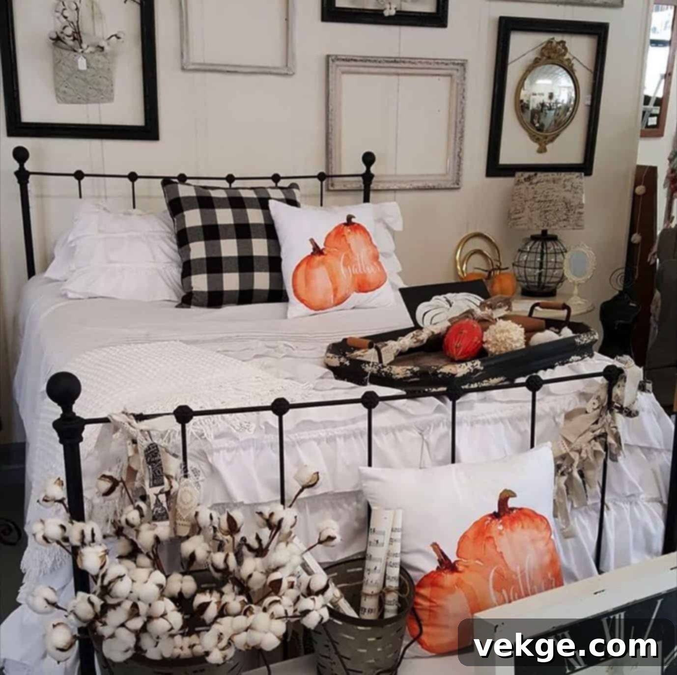 Cozy Farmhouse Bedroom Fall Decor with soft lighting and textiles