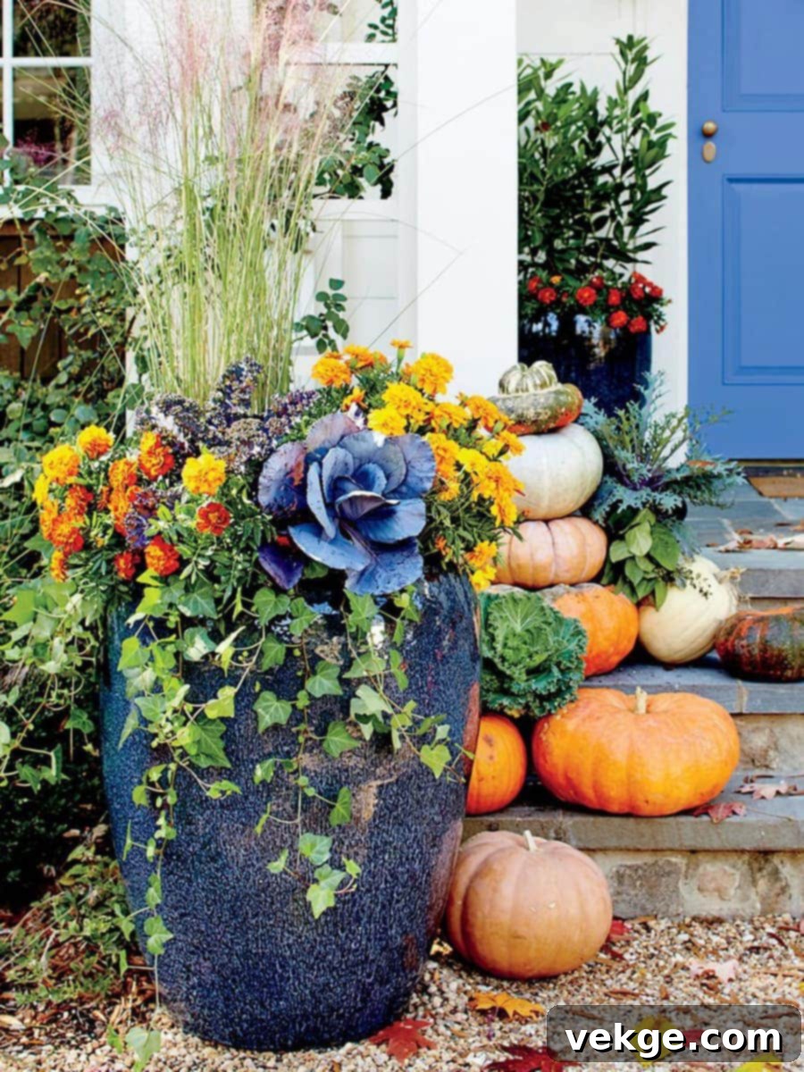 Fall porch outdoor decorations with flowers and pumpkins in planters
