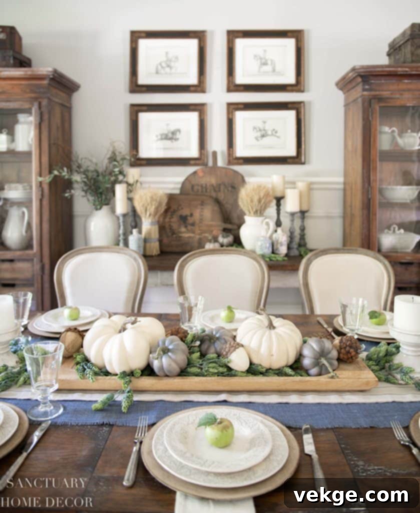 Fall Farmhouse Table Setting with blue and white accents, pumpkins, and gourds