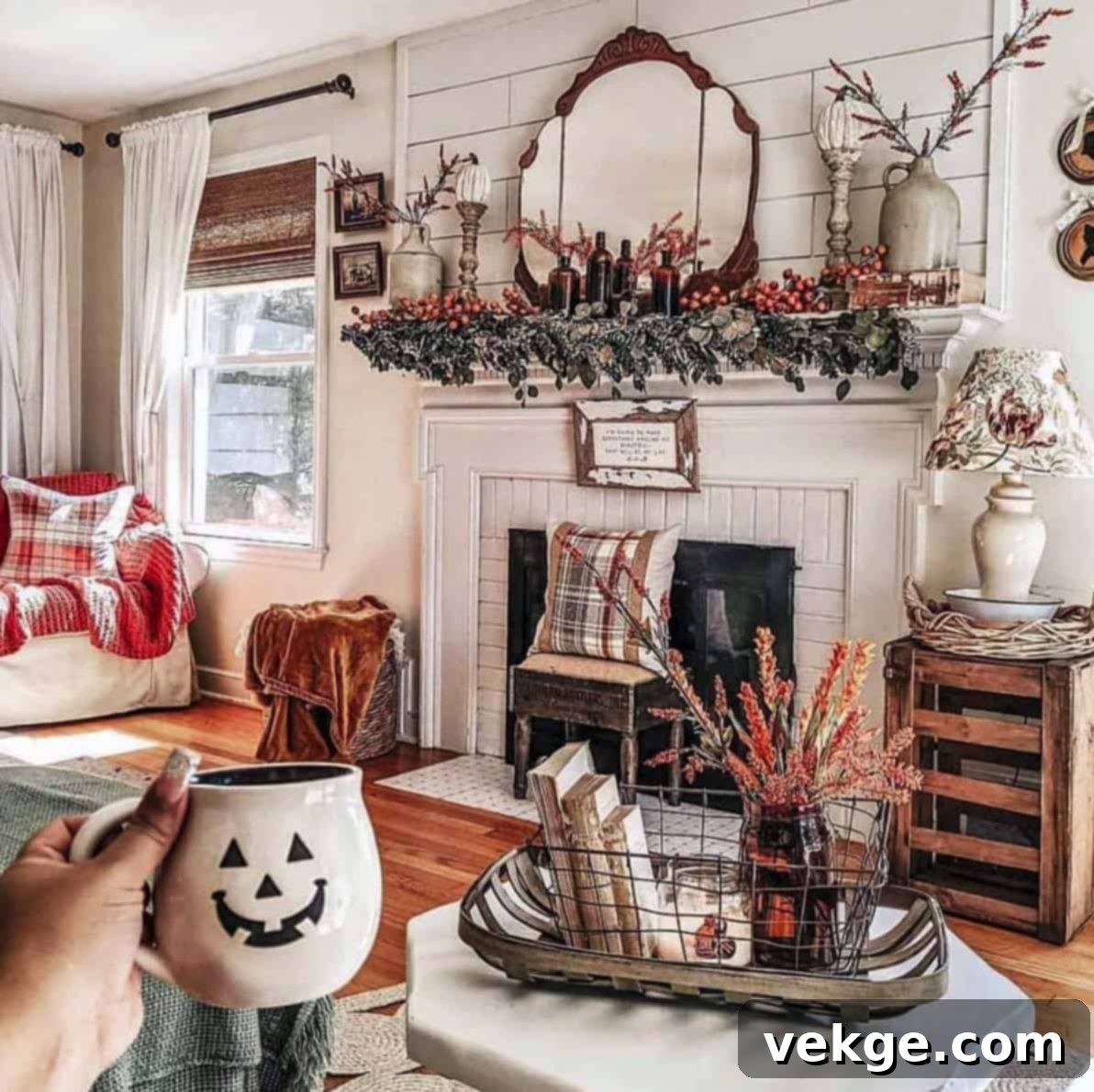 Cozy Farmhouse Fall Living Room Decor with fireplace and layered textures