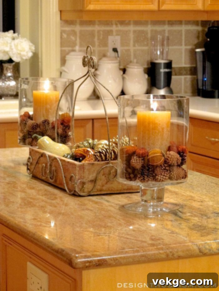Farmhouse kitchen with fall decor including pumpkins and greenery